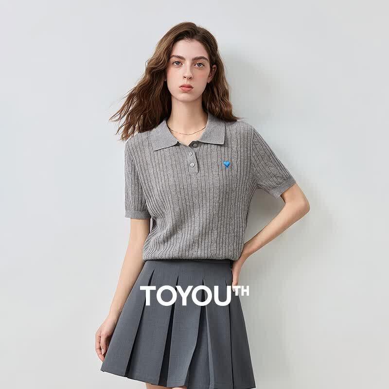Women's Retro Cable Knit Linen Blend Polo Top