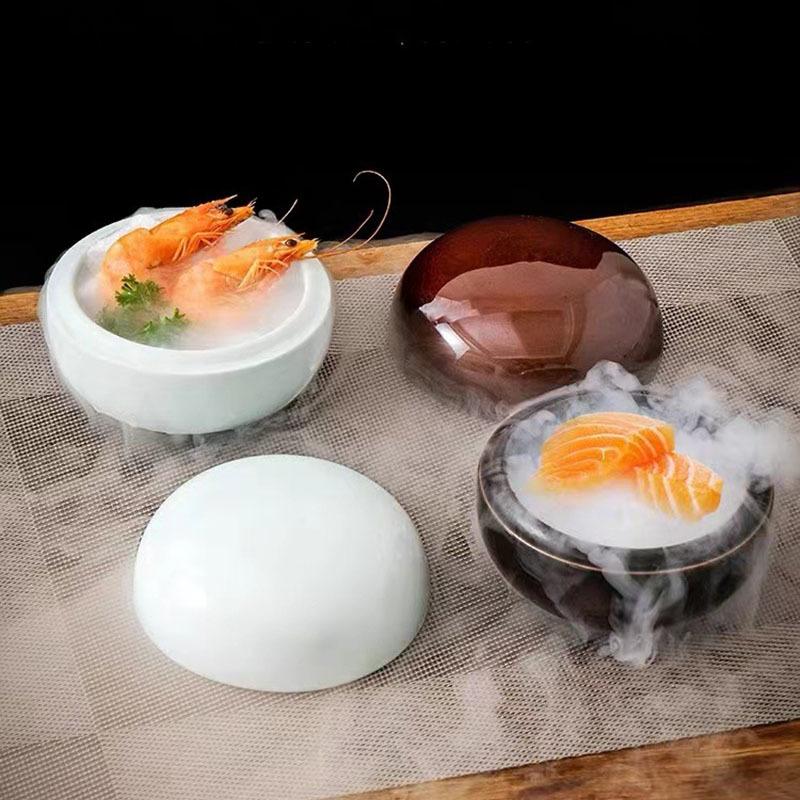Solid Color Spherical Ceramic Bowl with Lid Dry Ice Sashimi Bowl Dessert Bowl Soup Bowls Molecular Cuisine Specialty Tableware