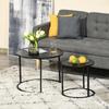 Set Of 2 Round Nesting Coffee Tables Stackable Marble Look Wood Top And Black Metal Legs