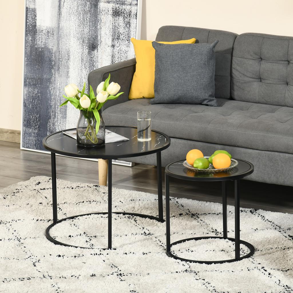 Set Of 2 Round Nesting Coffee Tables Stackable Marble Look Wood Top And Black Metal Legs