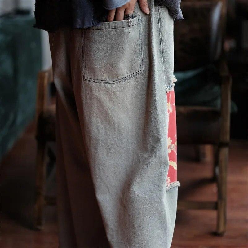 Johnature Pantaloni casual da donna larghi in denim con stampa floreale vintage patchwork da donna