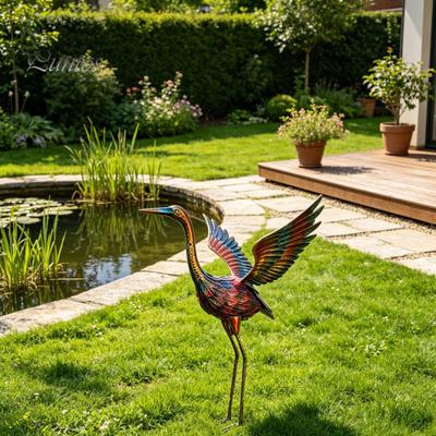 Pond Decoration Metal Bird Egret Design Statue, Handmade Yard Art Decoration, Outdoor Statue Weather-Resistant Garden Sculpture for Patio Lawn