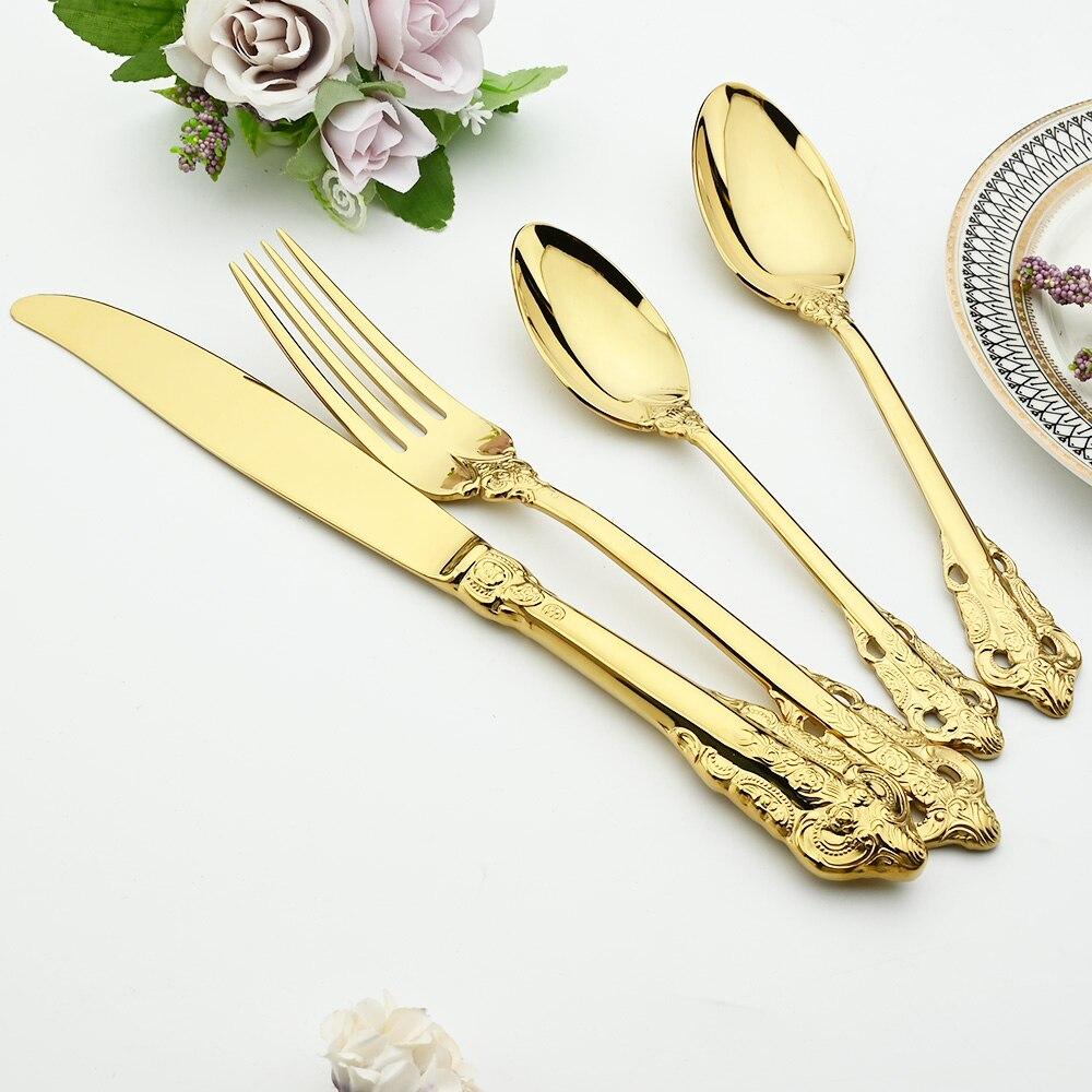 Retro Luxury Gold Silver Tableware Vintage Silverware 18/10 Stainless Steel Dinner Knife Wedding Cutlery Western Dinnerware Set