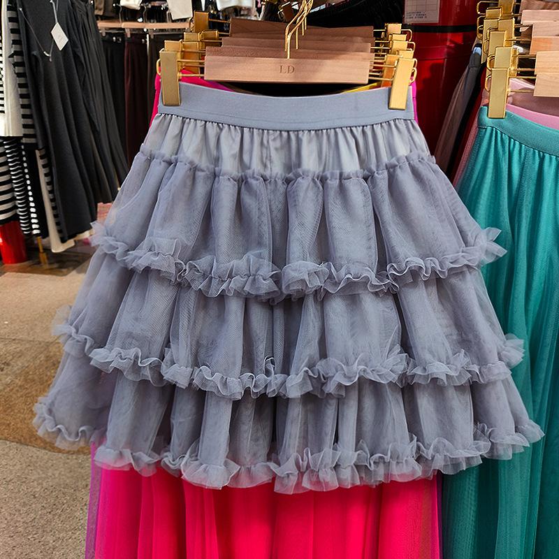 Women's High-Waist Ruffled A-Line Skirt with Mesh Overlay and Safety Lining