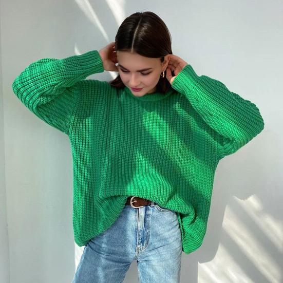 Women Pullover Sweater Round Neck Long Sleeve Elastic Fabric Knitting Tops Solid Color Loose Fit Sweater Tops