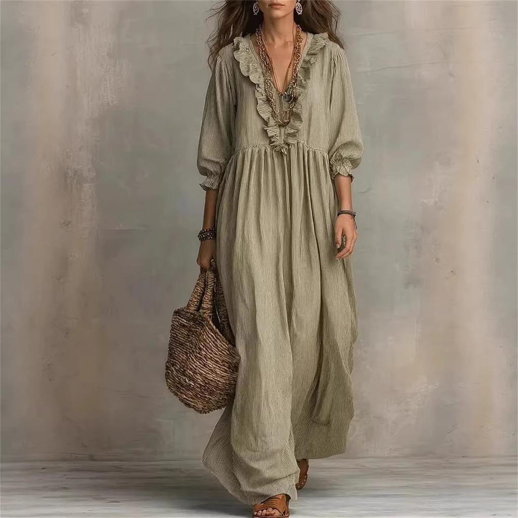 Women’s Loose Fit Maxi Dress with Long Sleeves V Neck Ruffle Lightweight Flowy Casual Style for Everyday Wear