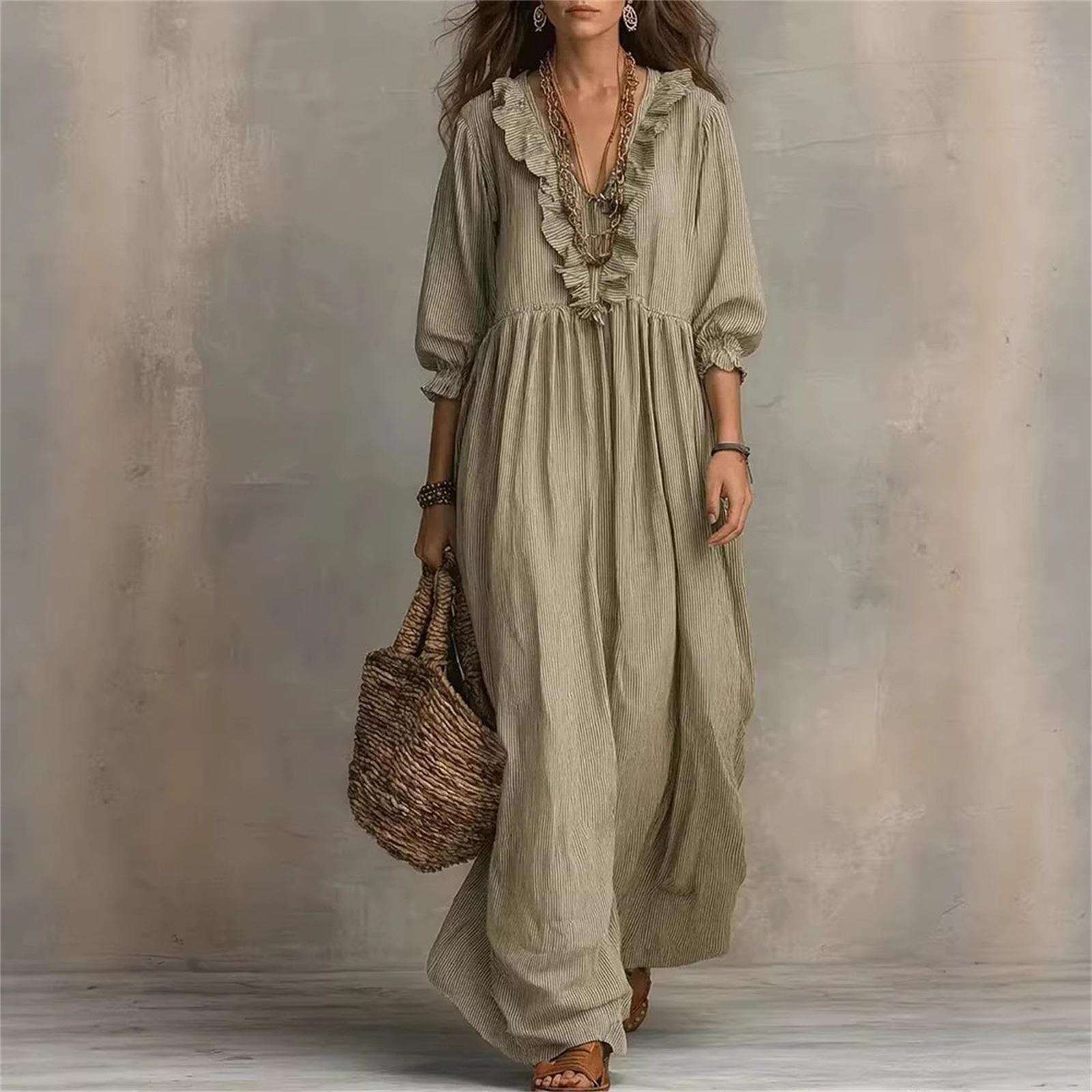 Women s Fashionable Casual Dress With Ruffled V-Neck L хаки