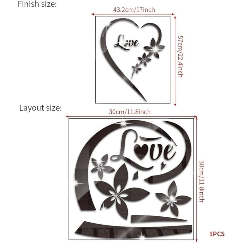 DIY Wall Art Heart Shape Mirror Wall Sticker, Self-Adhesive Love Heart Acrylic Mirror Wall Stickers Art Mural, Home Decor Heart Mirror Wall Decals