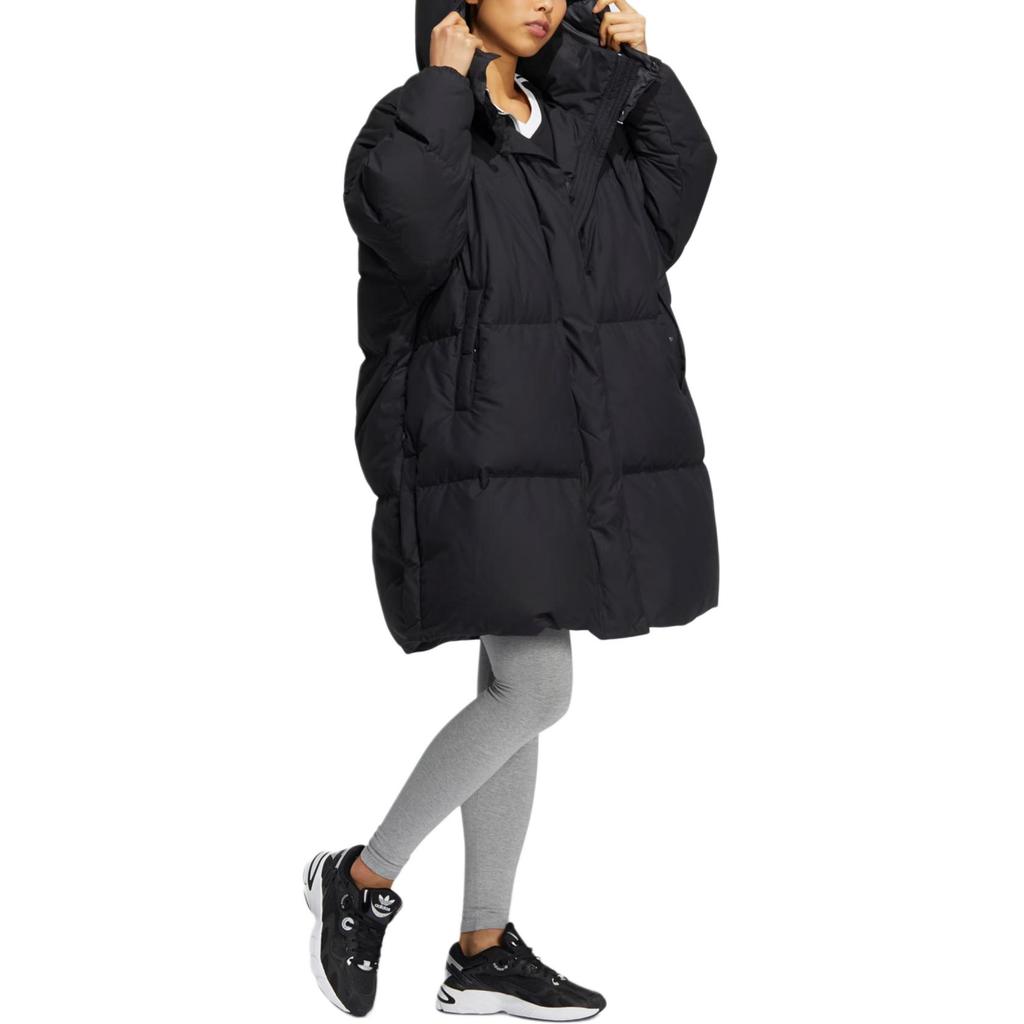 adidas Originals Premium Down Brand Logo Embroidered Long Hooded Down Jacket Women Outerwear Black HS9528