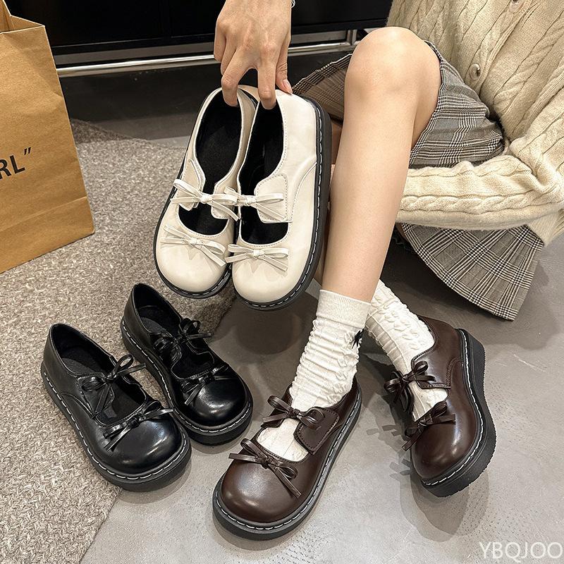 

French bow high heels Ladies thick soled leather shoes 2025 British style Mary Jane Shoes Round head solid color women pumps 35 коричневий
