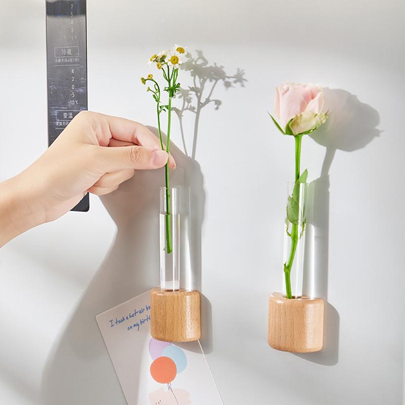 Refrigerator Magnet Hydroponic Plants Mini Test Tube Glass Vase DIY Wooden Vase Planter Home Office Decor Flower Arrangement