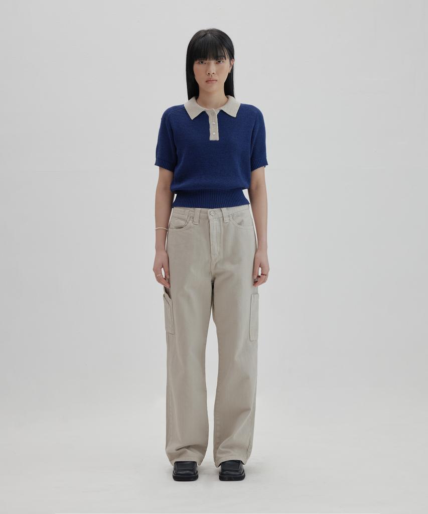 NONBLANK Raglan Half Sleeve Collar Crop Knit_Navy