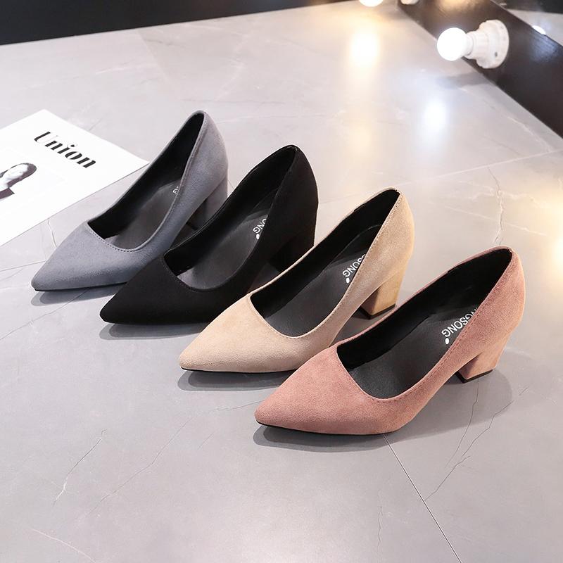 Fashion New Women Pumps Flock Sweet Thick High Heels Female Sexy Office Pointed Toe Dress Work Pump Cute Shoes Ladies Footwear