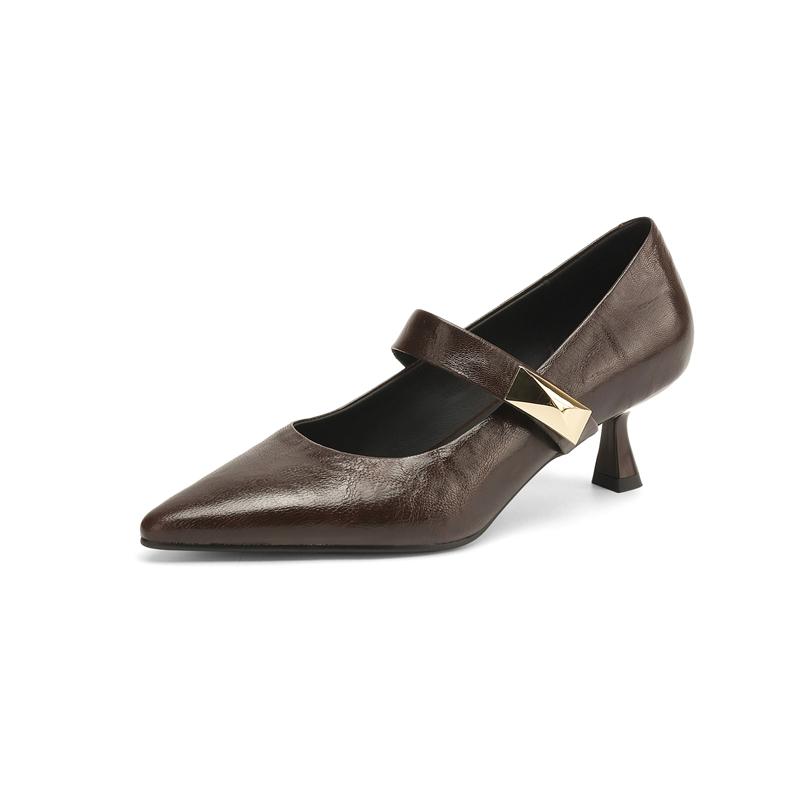 Fashion Women's new leather sheepskin pointed metal accessories belt buckle high heels plus size Mary Jane work shoes single shoes
