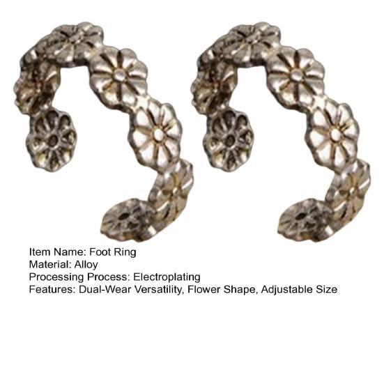 2Pcs Foot Ring Comfortable Alloy Joint Rings with Exquisite Flowers Adjustable Opening Design Electroplated