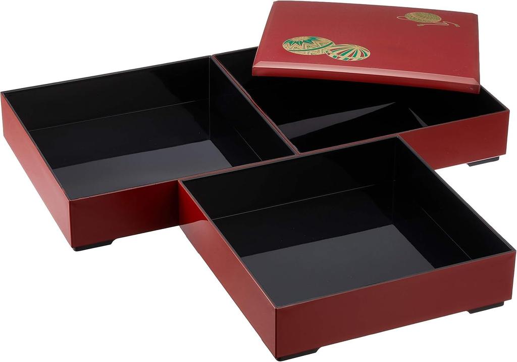 Lacquerware tiered Wakana red with black box, 7-inch (greens) tiered, interior, 3-tier, H-159-11A