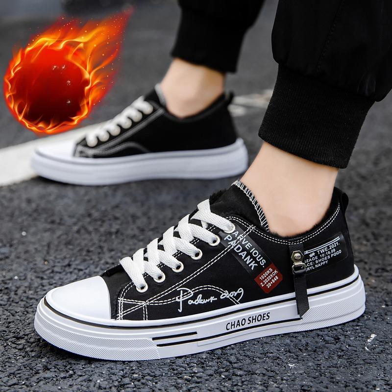 Winter Padded Thickened Men's Canvas Shoes Low-top Warm Student Men's Shoes Fashion Casual Shoes Comfortable Breathable Slip-resistant Walking Shoes