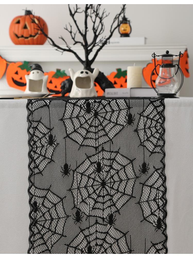 1pc Black Polyester Lace Spider Web Table Runner | American Halloween Party Gift Home Dining Decor, Ghost Festival, Festive Tabletop Accessory