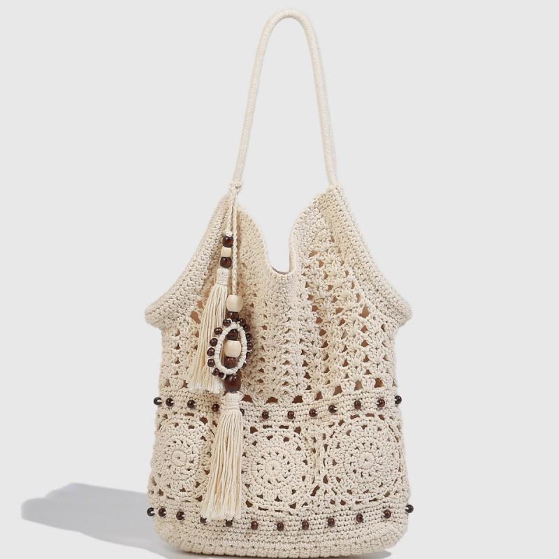 Sen Ethnic Style Hollow Tassel Woven Bag Women's Literary Knitted Commuter Seaside Vacation Tote