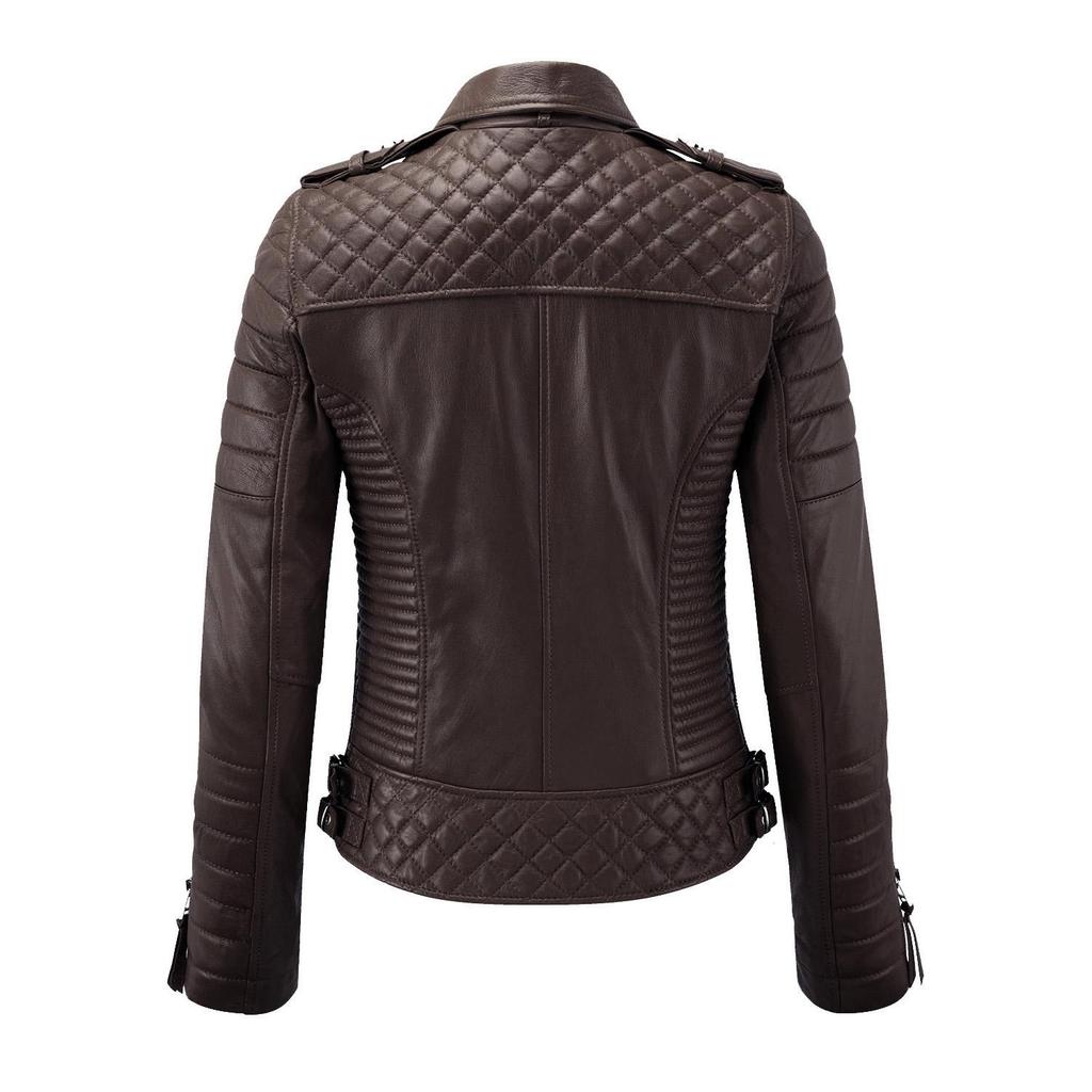 SKINOUTFIT Women's Motorcycle Leather Jacket Genuine Brown Lambskin Cafe Racer Biker Outerwear