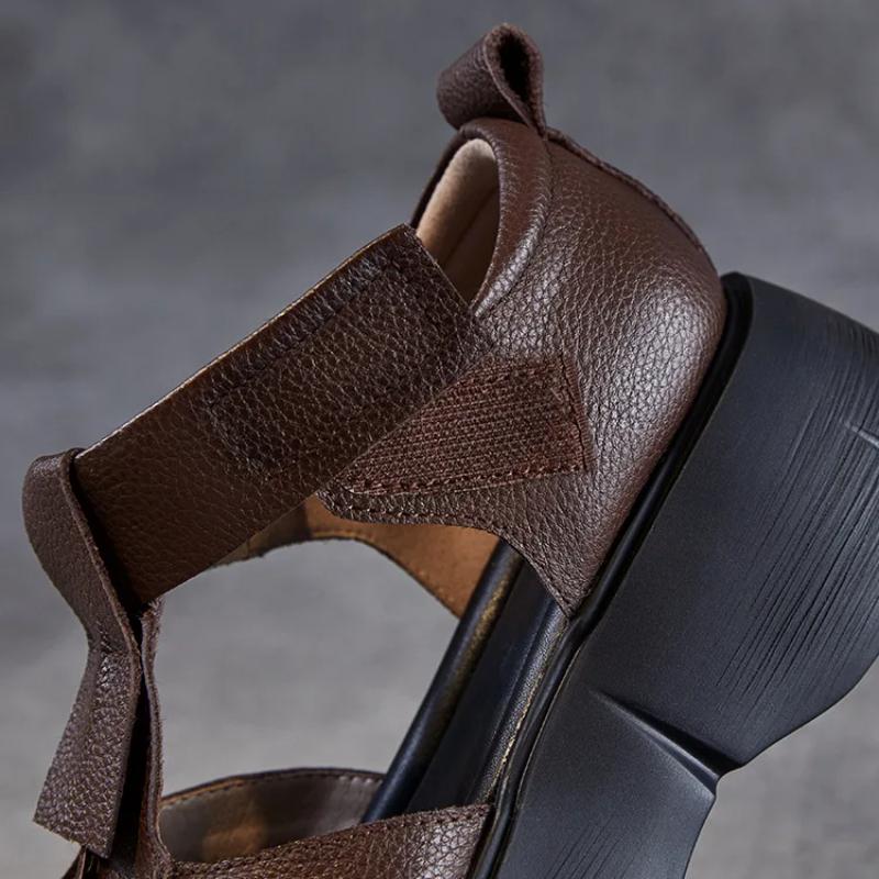 Johnature Retro Thick Soled Sandals Genuine Leather Comfortable Round Toe Versatile Women's Platform Shoes