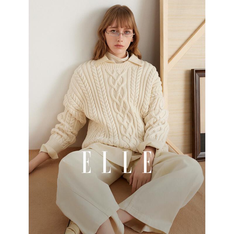 ELLE Women s Cable Knit Round Neck Sweater M