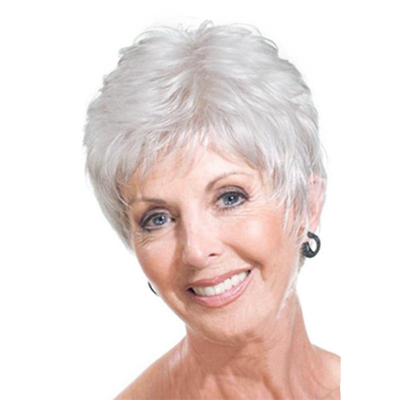 

Синтетический смешанный парик пожилой женщины Омбре Короткие волнистые волосы Естественный многослойный парик бабушки с челкой Костюм для косплея