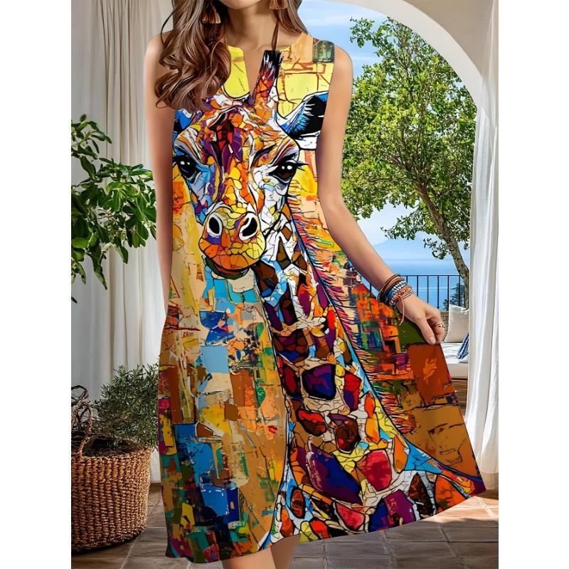Ärmelloses Damenkleid mit offenem Ausschnitt, Lebendiger künstlerischer Giraffendruck, Lässiges Sommer-Schlauchkleid für Strandparty, Urlaub, Tägliche Outfits