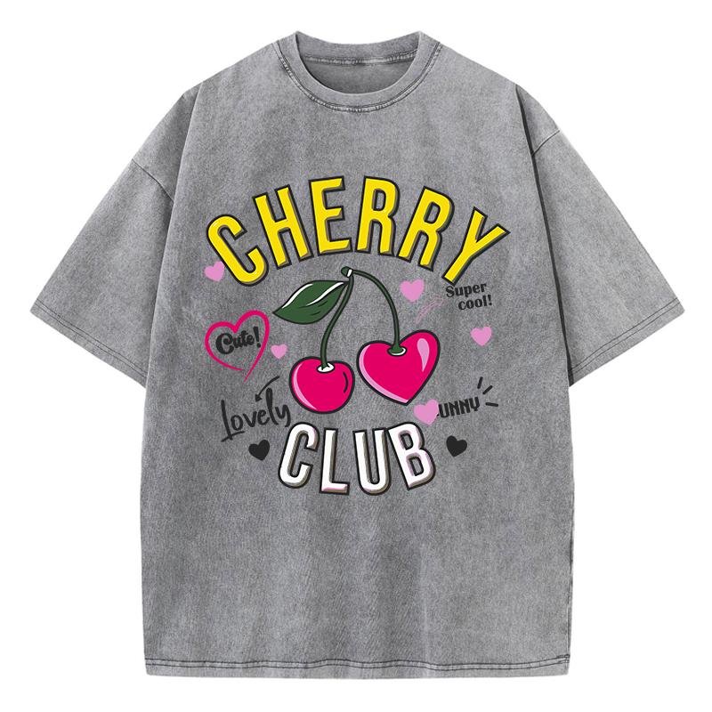 Street Damen Washed T-Shirts Cherry Club Niedliche Cartoons Print Tees Bequeme Distressed Baumwolle Oversize Oberteile Kleidung