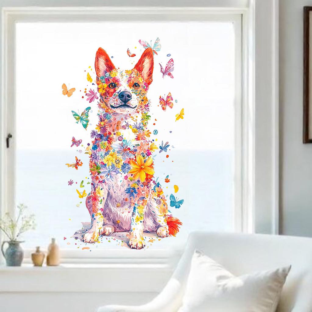 Watercolor Dog Floral Butterfly Window Sticker Static Cling Decal Bedroom Living Room Study Room Home Decor Removable