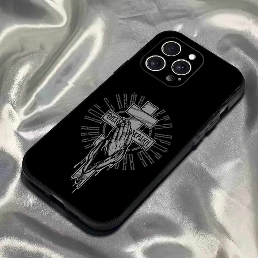 Icono de Cruz Ortodoxa Funda de Teléfono de Iglesia Para iPhone 16,15,14,13,12,11,Pro,Max,Plus,X,XS,SE4,E,Mini,Funda Negra Suave