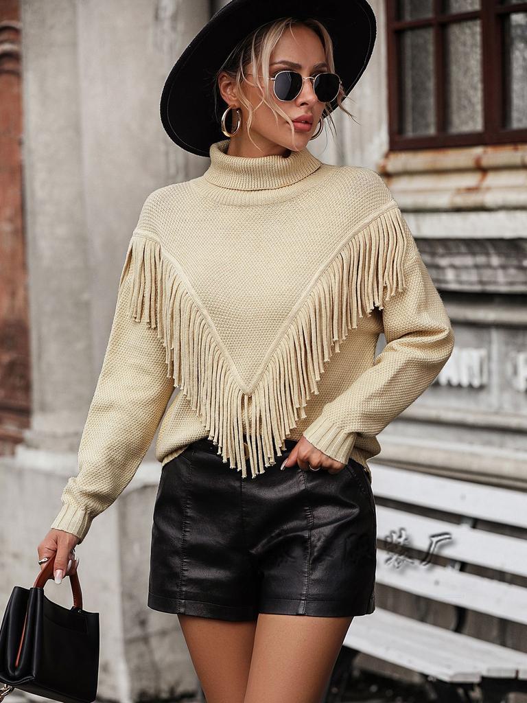 Otoño e invierno nueva ropa europea y americana para mujer suéter suelto con flecos suéter de punto suéter de cuello alto mujer