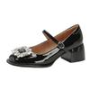Französische Strass Mary Janes High Heels Damen 2025 neues Temperament Dame Ein-Wort-Schnalle mit dickem Absatz mit Rock Einzelschuhe