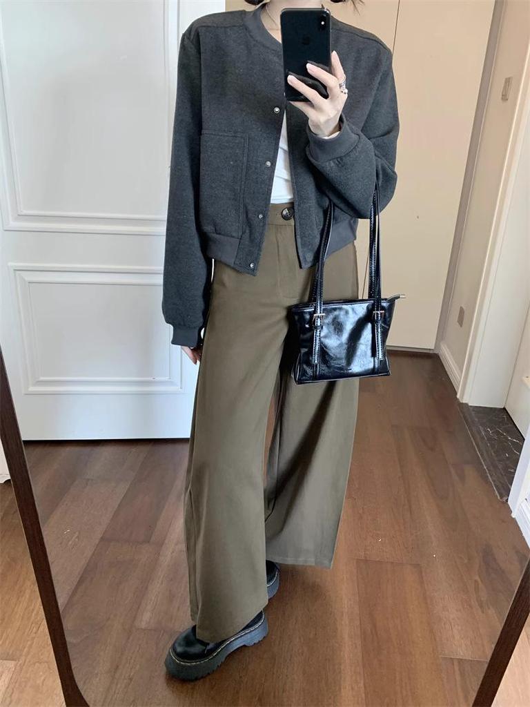 Women’s Khaki Woolen Baseball Jacket: Spring 2025 Petite Short Coat in New Style