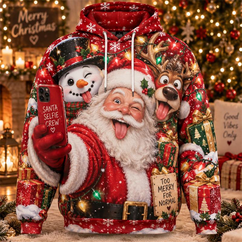 Komik Noel Baba Noel Kapüşonlu Sweatshirt 3D Baskı Snowboard Oyun Sıcak Kakao Ren Geyiği Şenlikli Kazak Tatil Partisi Kış Hediyesi