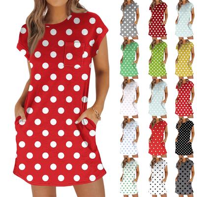 Damenmode Lässig Sommer Polka Dot Print Kurzarm Rundhals Weites Kleid mit Taschen