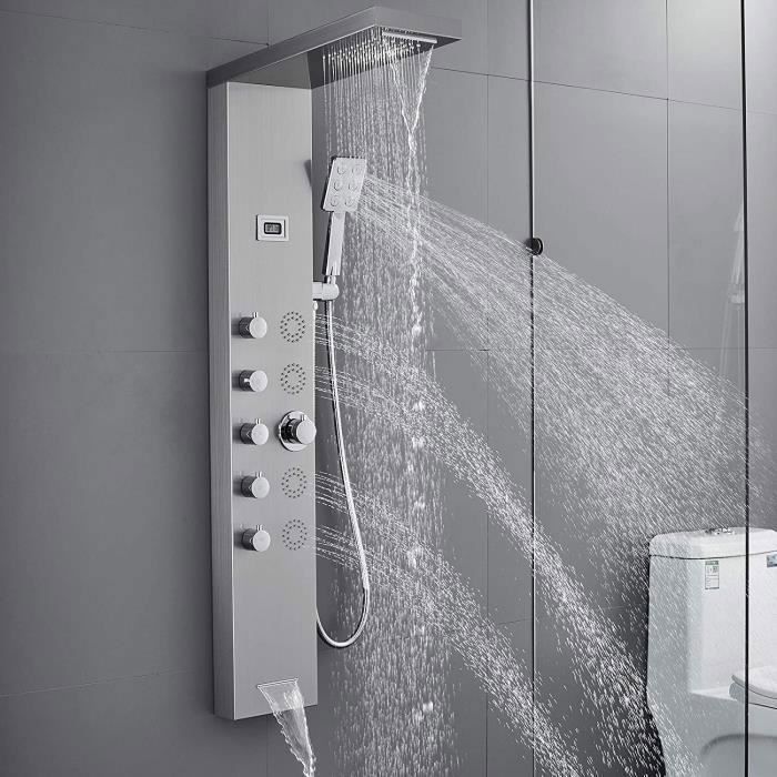 Colonne de douche 5 en 1 en acier inoxydable avec 4 jets de massage corporel, douche à effet pluie et cascade, douchette