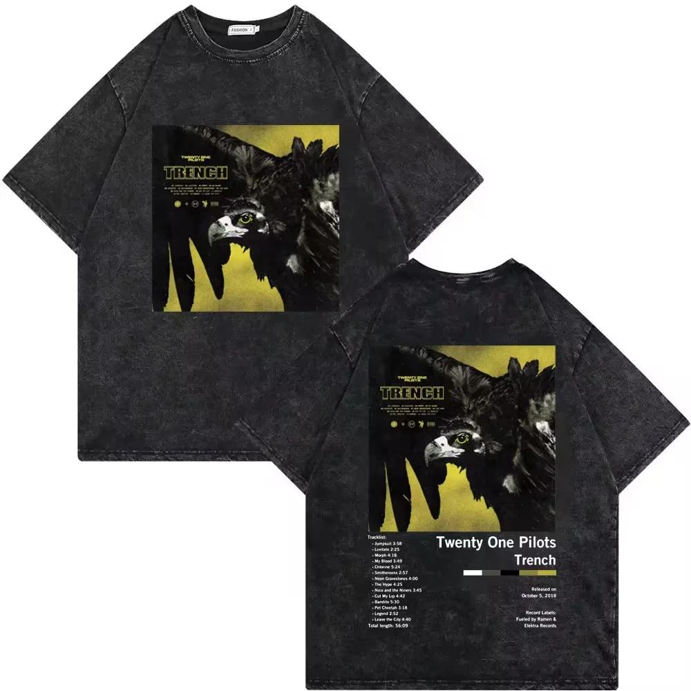 Fashion Vintage Washed T-shirts Casual Loose Pure Cotton T Shirt Streetwear Twenty One Pilots Clancy Tour