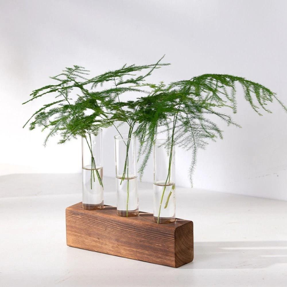 Exquisite Wooden Stand Hydroponic Vase Transparent Test Tube Shape Flower Vase Creativity Minimalist Glass Tube Vases Home Decor