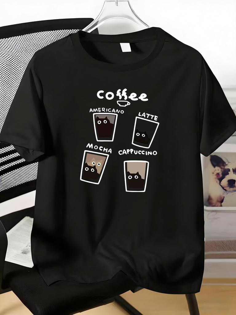 Unisex Round Neck Cotton Tee Funny Coffee Cup Black Cat Graphic Short Sleeve Summer Trendy Daily Casual Loose Fit Streetwear Top
