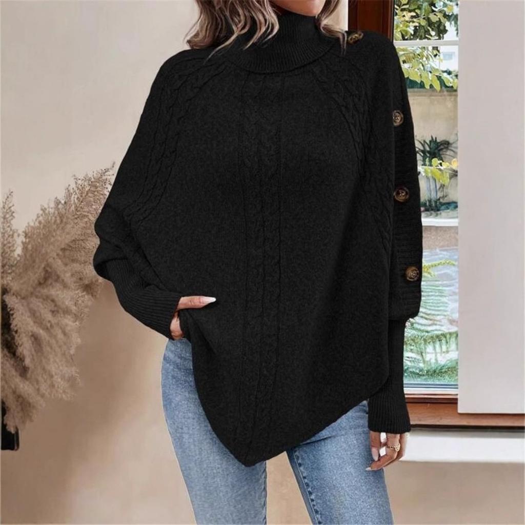 Women's Winter High Collar Asymmetric Hem Cape Sweater, Button Decoration Bat Sleeve Fried Dough Twists Weave Texture
