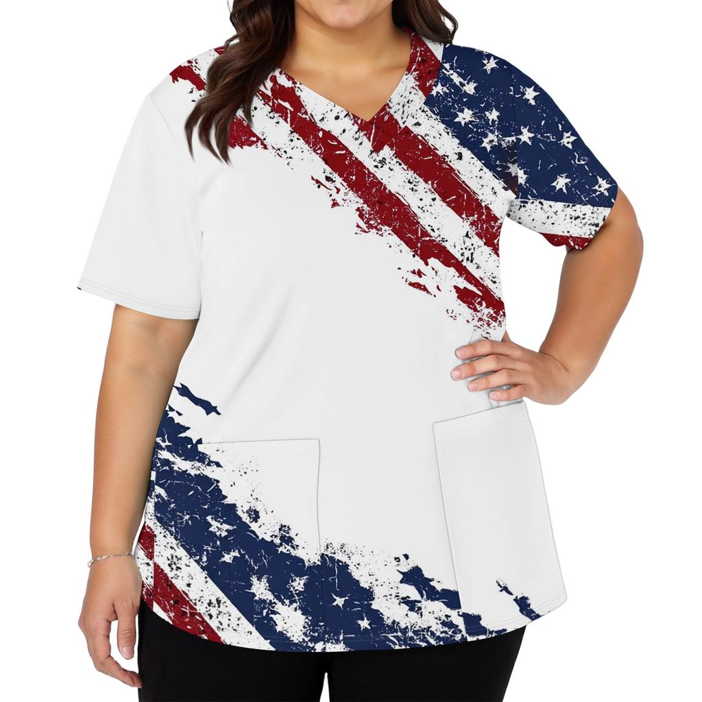 Women's Fashionable Casual Independence Day American Flag And Stars Print V-neck Short-Sleeved Work Shirt With Double Side Slits And Pockets