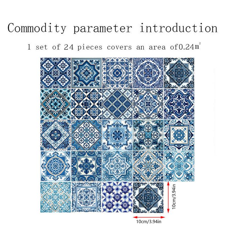 Portuguese Tile Stickers 24pcs Antique Portuguese Design Tile Stickers Self-Adhesive Waterproof Self-Adhesive Vintage Tile Peel