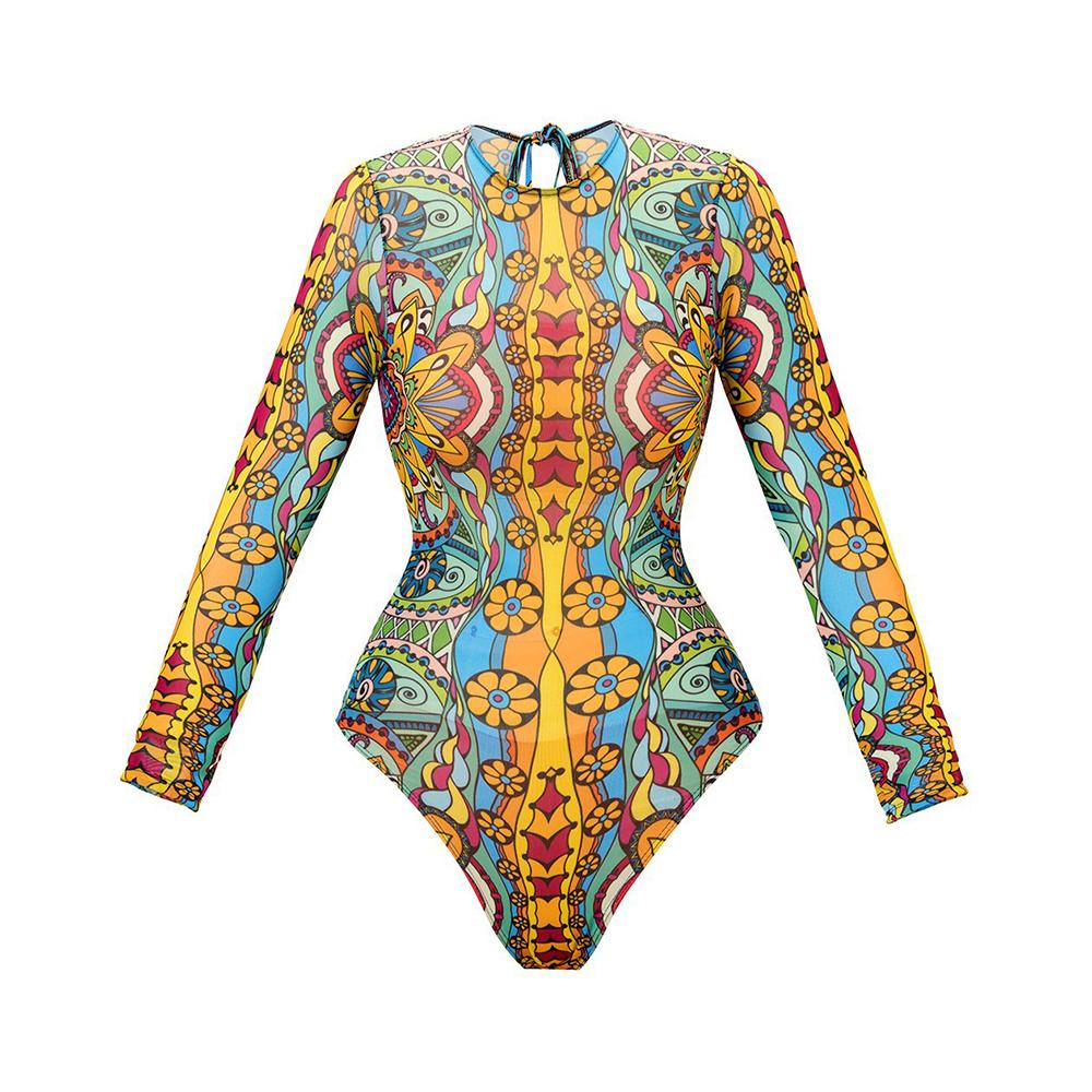 2025 Long Sleeve Sheer Sun Protection One-Piece Set Swimsuit Women Sexy Rash Guard Swimwear Bodysuit Beachwear With Coverup
