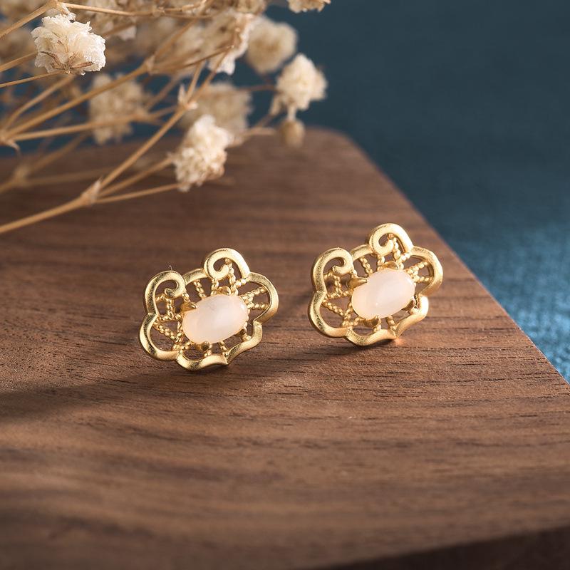 

Meilong Ancient Gold Ruyi Peace Lock Earrings with White Chalcedony Agate