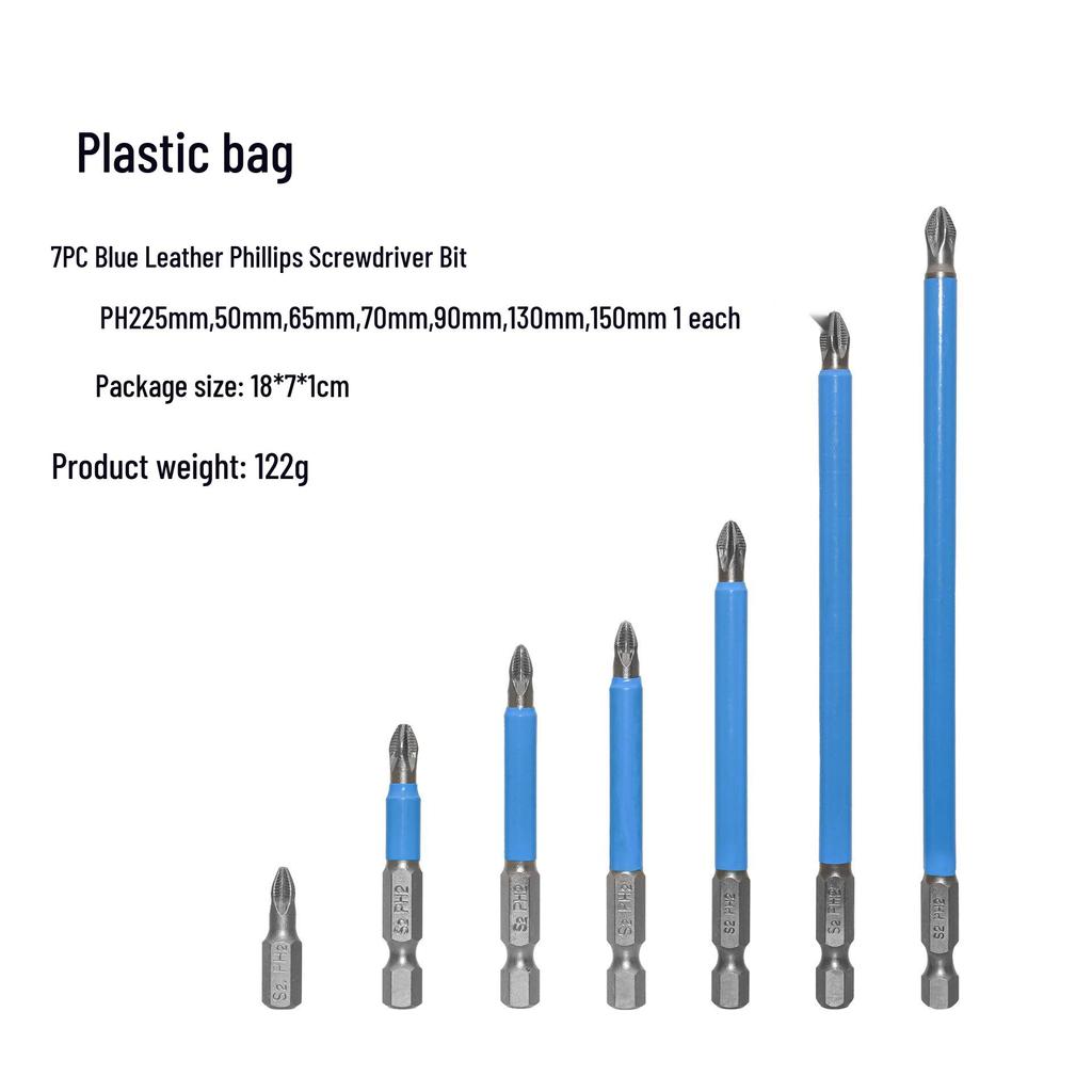 PH2 Blue Skin Phillips Screwdriver Bits Set - 7 Pieces with Hex Shank (25mm To 150mm)