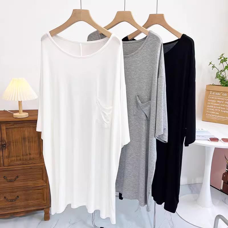 Dámské letní modální šaty plus size: Volný střih, Velký kulatý výstřih, Noční košile střední délky, Mateřský styl