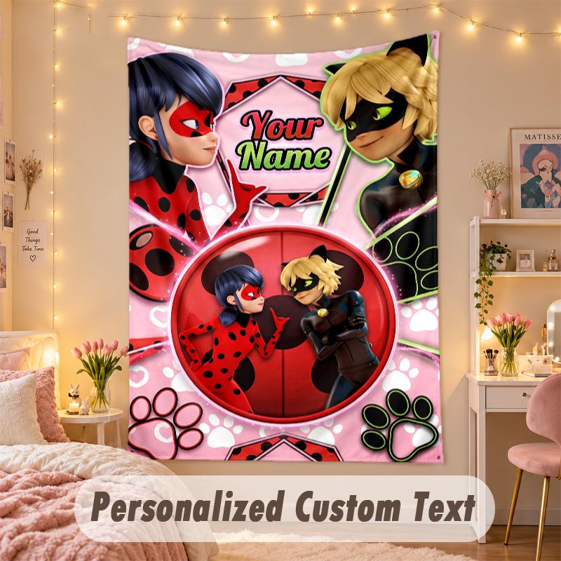 Custom Personalized Tapestry,Miraculous Ladybug Print Custom Name Text Wall Art Hanging for Bedroom