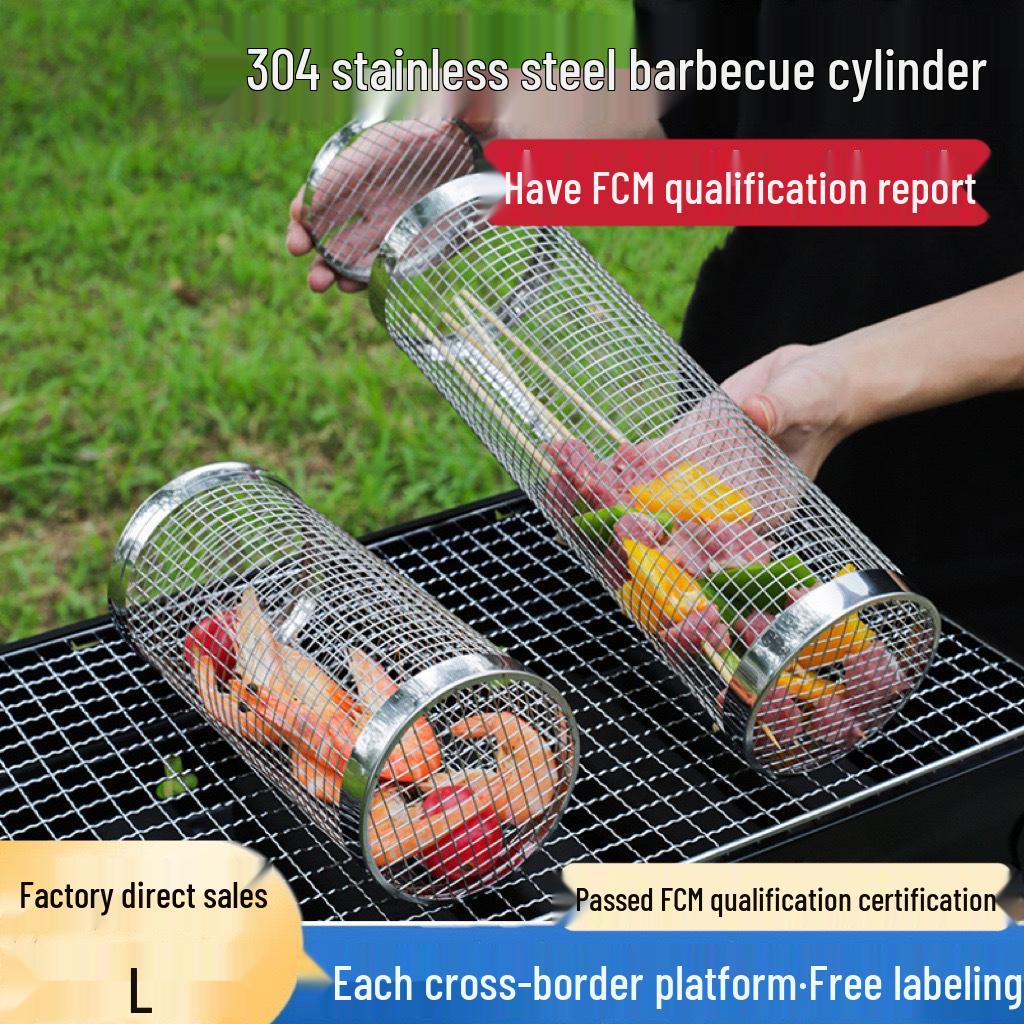 304 Stainless Steel Rotating BBQ Grill Basket - Portable Outdoor Smoker Cage with Mesh Tumbler Design