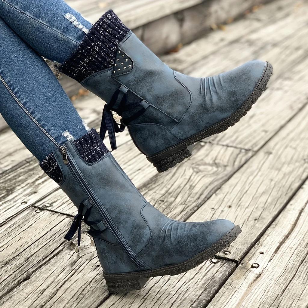 Stylish Women's Knitted and Faux Leather Boots with Tie Back and Side Zip - Comfortable and Fashionable Footwear